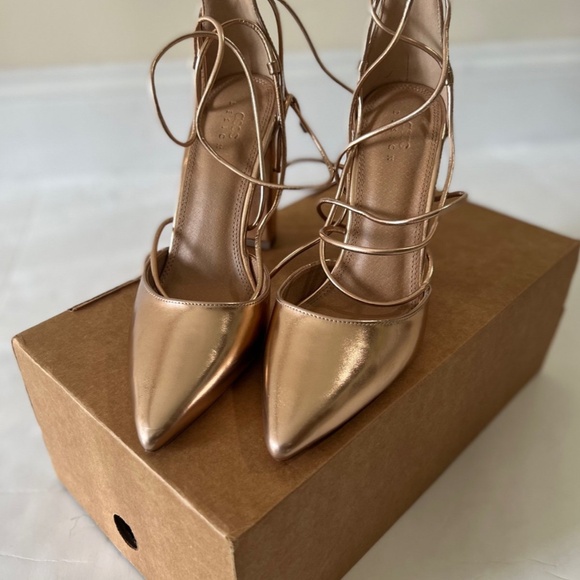 ASOS DESIGN Power Trip Tie Leg High Block Heels in Rose Gold Size 7/7.5/8 - Picture 2 of 8